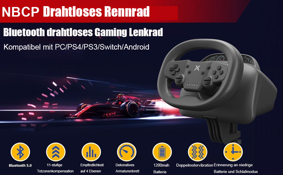 Руль для ПК DOYO з педалями та перемикачем передач, 270° оберт, Bluetooth, вібрація, сумісний з PC, PS3, PS4, Switch, Android, чорний