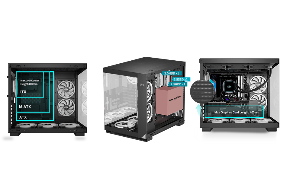 Корпус ПК Tower ATX C3T500 ARGB від PCCOOLER: 6 вентиляторів ARGB, підтримка RTX 40, подвійне скляне бокове вікно, чорний колір