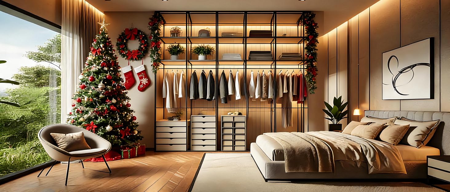 Відкритий шафа-система AQRA: зручний шафа-організатор з 9 полицями та 5 штангами для одягу, стійка для одягу з місткою конструкцією (193.5x43.5x195 см)