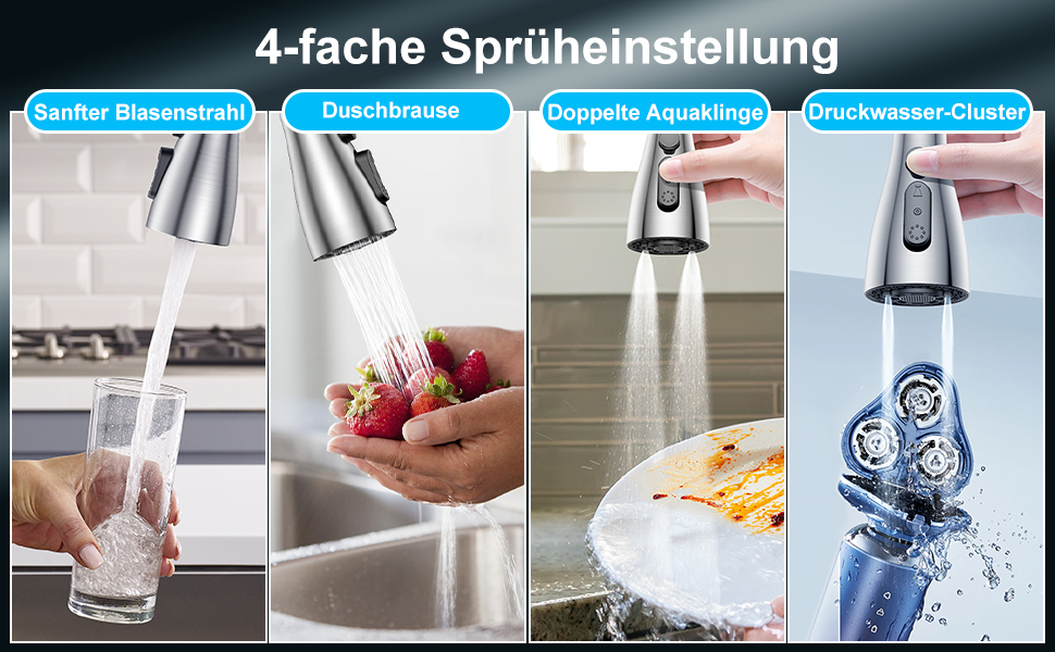 Кухонний змішувач SREWOHS PRO з висувним виливом, поворотний на 360°, 4 функції, з ABS-насадкою для кухонної мийки, проста установка