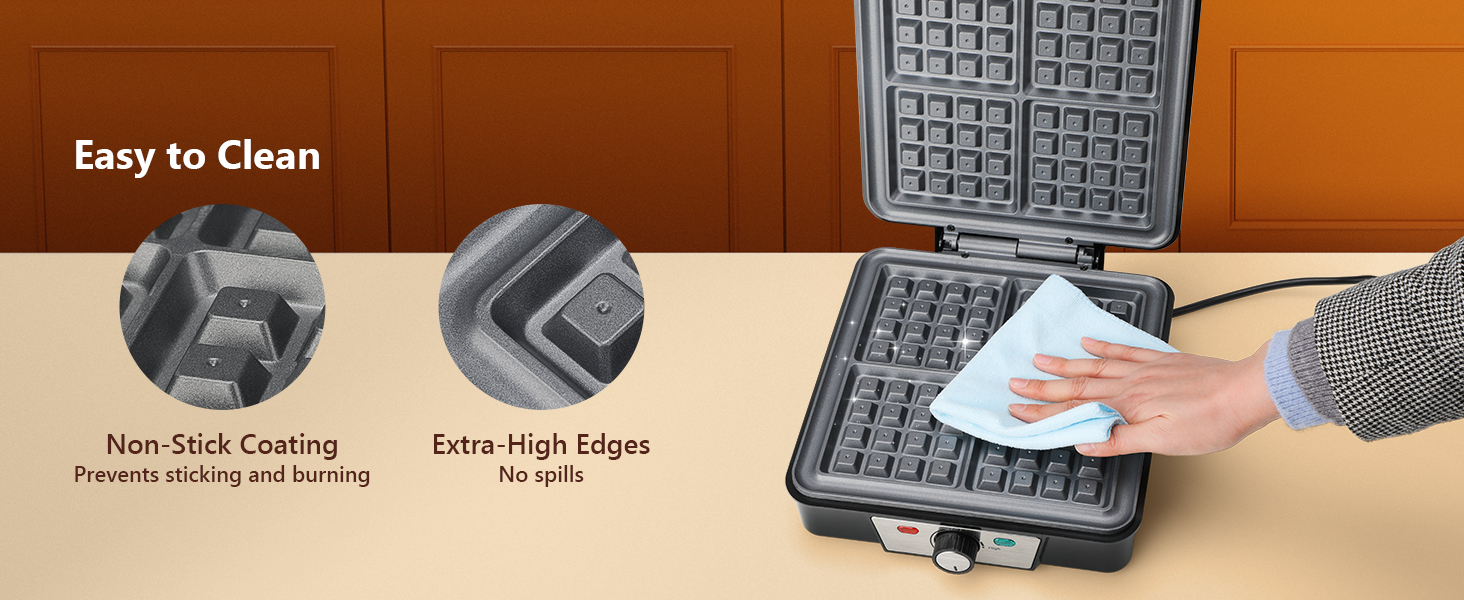 Вафельниця VINATO для приготування 4 бельгійських вафель, 1200 Вт, антипригарне покриття, регулювання температури, чорний колір