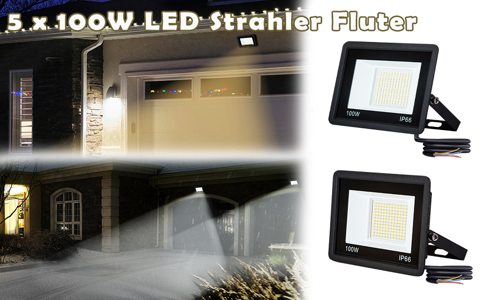 LED прожектор AufuN 5x100 Вт, холодне біле світло, суперяскравий, для вулиці, IP65, водонепроникний, алюмінієвий, для саду, гаража, двору чи готелю