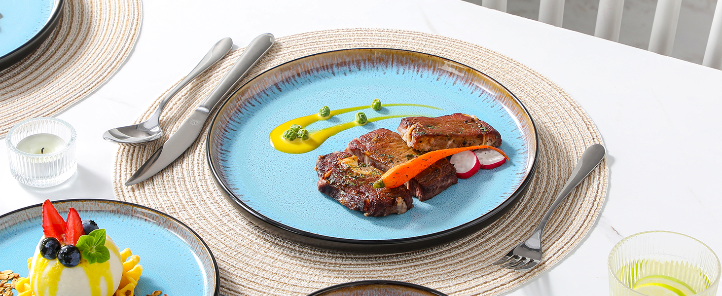 Набір посуду Steingut 24 штуки Vancasso AMBER: тарілки, супові тарілки, десертні тарілки, миски, реактивна глазур, морський блакитний, для 6 осіб, стійкий до миття в посудомийній машині