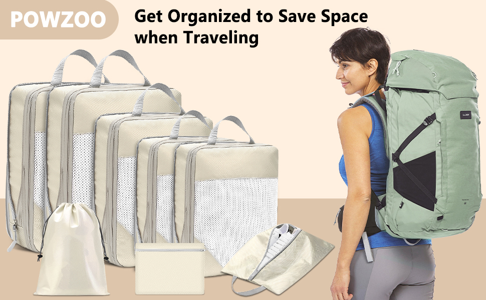 Набір органайзерів для валізи POWZOO (8 шт.) - компресійні кубики для одягу та взуття, бежевий