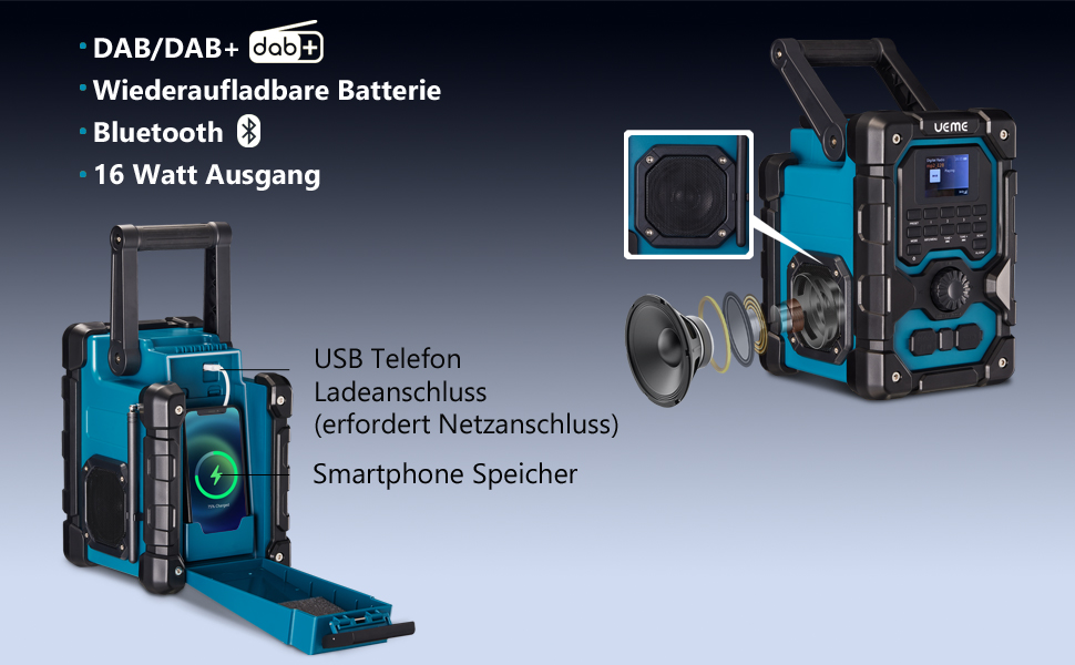 Радіо для будівельного майданчика з DAB+, FM, Bluetooth 5.0, 16W, акумулятор 8000mAh, USB-зарядка, Aux, захист від пилу та вологи (блакитне)