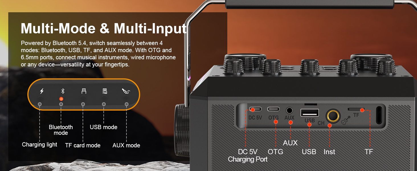Портативна Bluetooth-колонка караоке з 2 бездротовими мікрофонами, RGB-підсвічуванням, регулюванням високих та низьких частот, ефектами голосу, AUX/USB/TF/OTG, 6.5 мм роз'єм, для вечірок (білий/чорний)