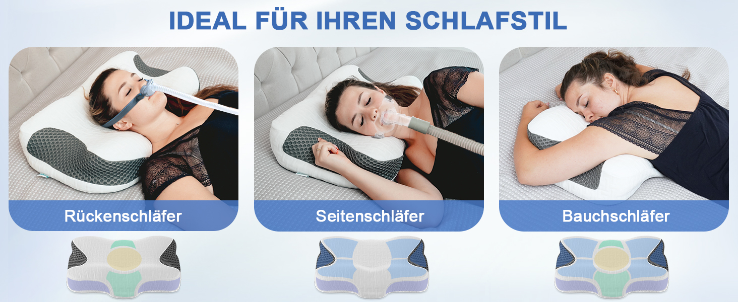Подушка Elviros з піни Memory Foam для CPAP-терапії для тих, хто спить на боку, анатомічна, регульована висота, сумісна з масками, темно-сіра