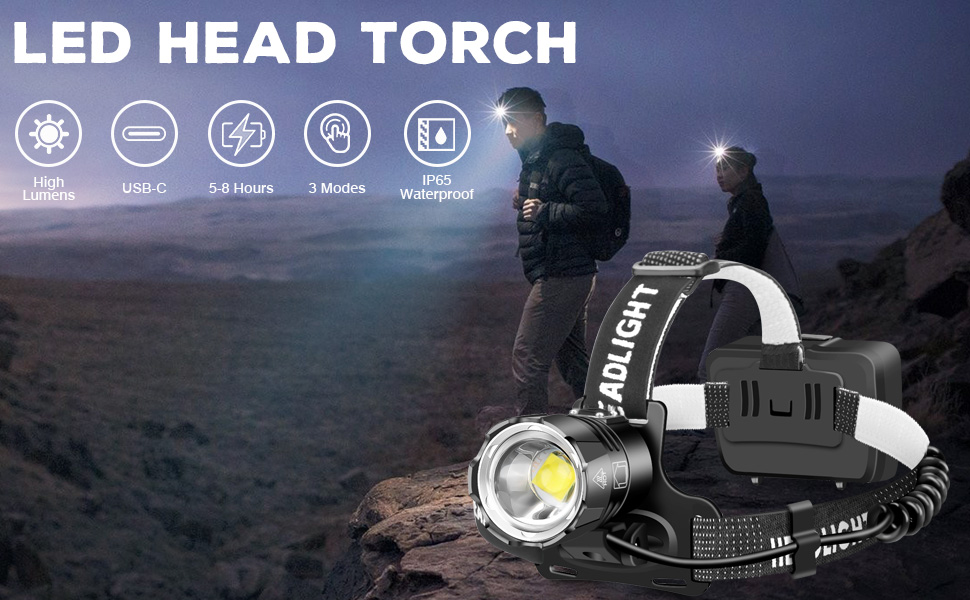 Налобний ліхтар WholeFire LED 15000 Люмен XHP70, надяскравий, 3 режими, IP65, водонепроникний, акумуляторний, USB, для кемпінгу, риболовлі, бігу, ремонту авто