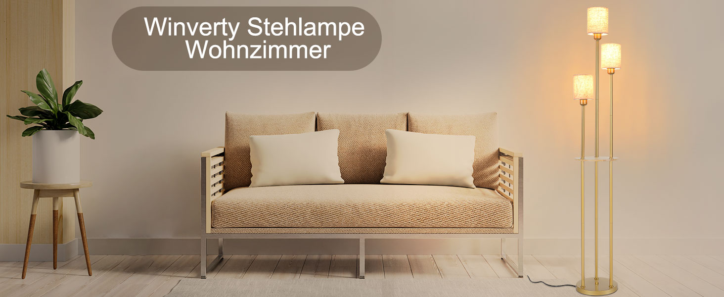 Стійка лампа Winverty для вітальні з полицею, 3 лампи, вінтажний стиль, індустріальний дизайн, E27, вимикач на нозі, абажур з льону, 1.66 м (золота)
