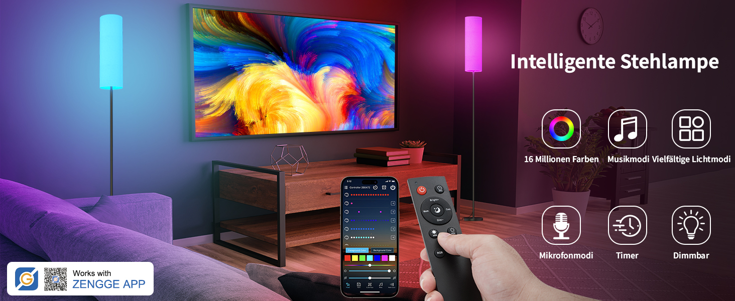 Стійка лампа FRIDEKO HOME для вітальні: сучасний дизайн, RGB, диммування, керування з пульта, музичний режим, чорний цоколь. Підходить для офісу, спальні та вітальні.