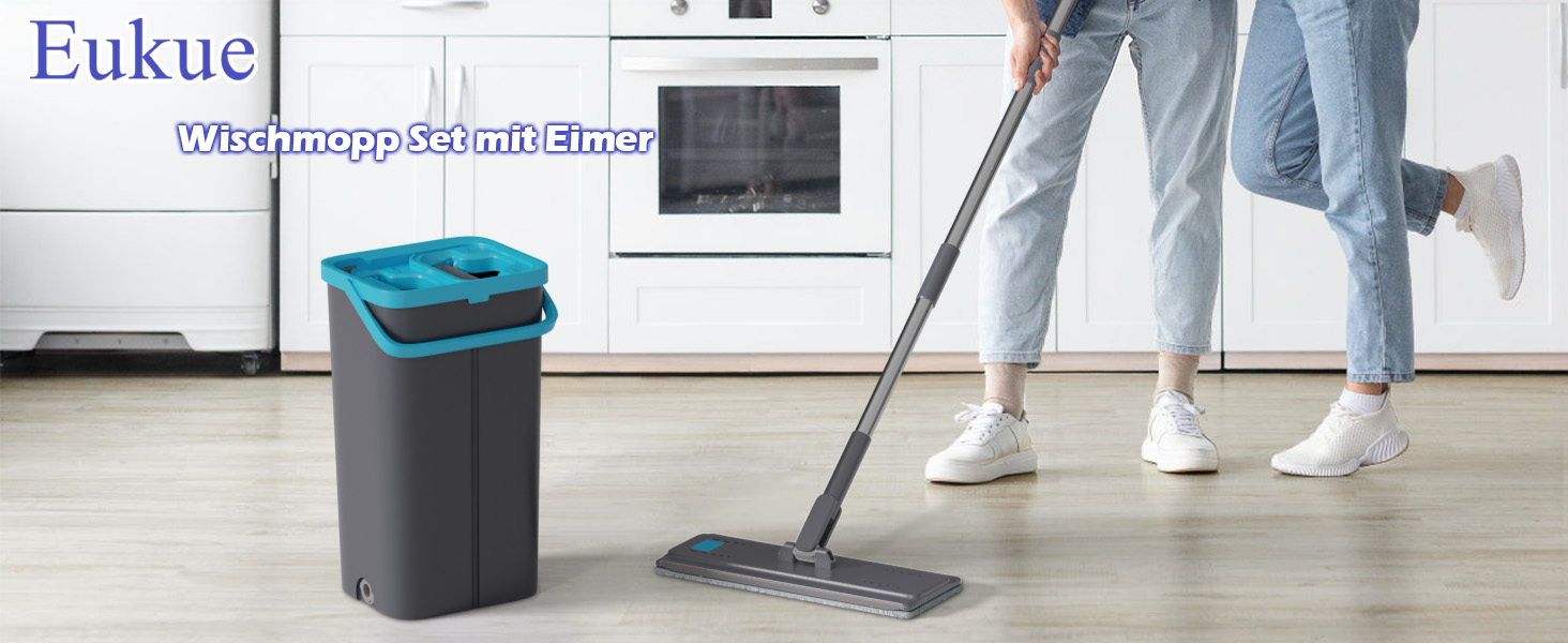 Набір для миття підлоги з відром, 2 в 1: моп з відром та функцією віджиму, з регульованою ручкою з нержавіючої сталі та 6 мікрофібровими насадками, підходить для плитки та ламінату (сірий + зелений)