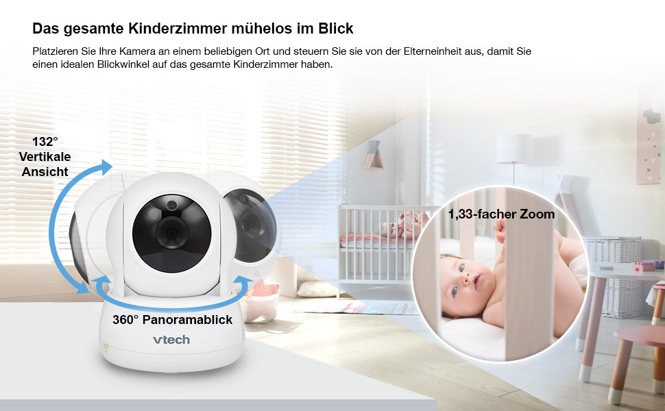 Відеоняня Vtech VM901-1W з Wi-Fi, 5-дюймовий HD-дисплей, поворотна камера 1080P, мобільний додаток, широкий кут огляду 120°, сумісна з iOS та Android