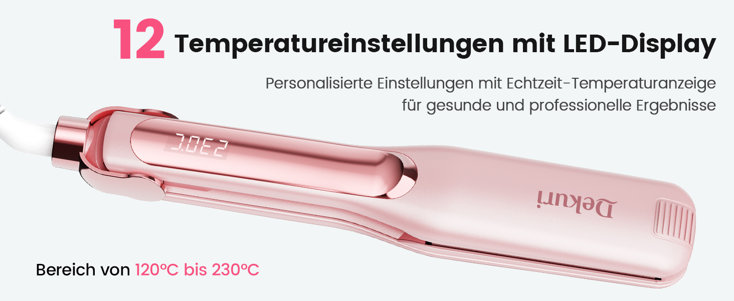 Dekuri 42mm Ceramic Hair Straightener & Curling Iron - Pink - Adjustable Temperature 120°C-230°C