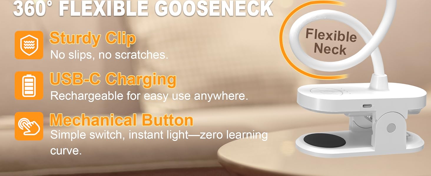 LED лампа для читання ZAPLIT з кріпленням на ліжко – 3 режими, 10 яскравостей, USB-C, гнучкий шийка 40 см, для спальні, робочого столу та кемпінгу, білий, діаметр 3,5 дюйма