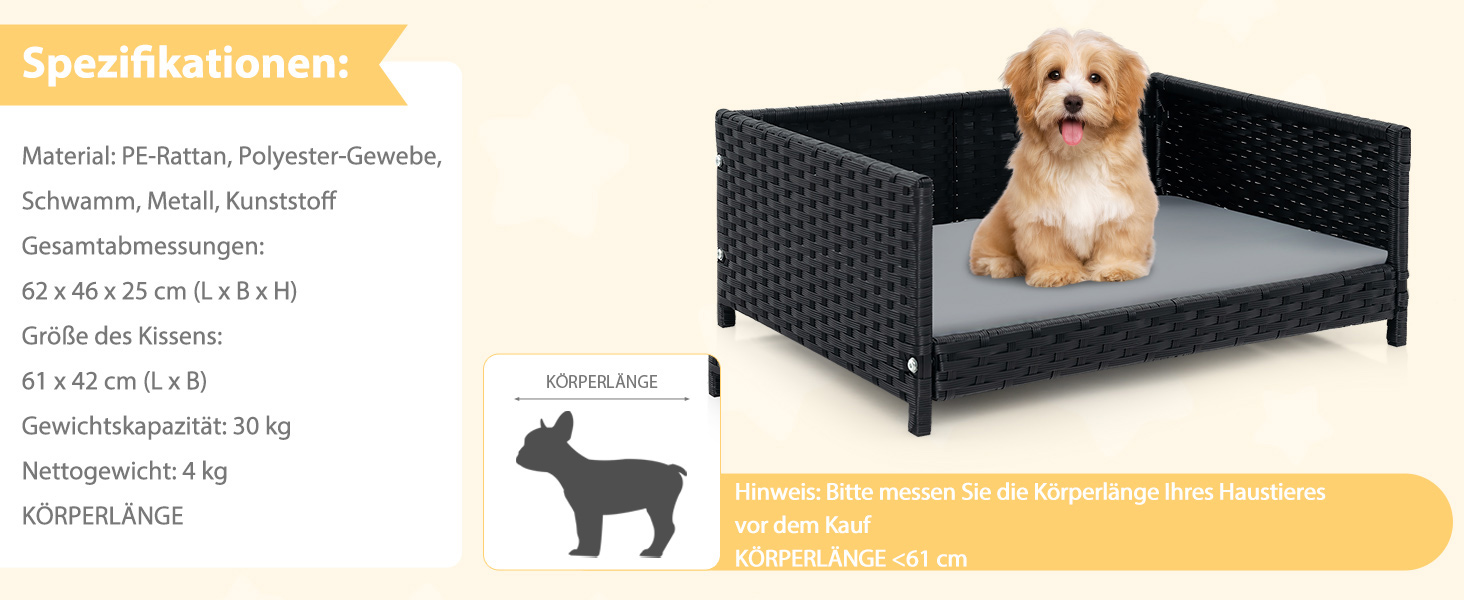 Софа для собак Costway з ротангу PE, лежанка для тварин з знімним подушкою та пральним покриттям, металевий каркас, піднята лежанка для собак маленьких/середніх порід, лежанка для собак для дому та вулиці, 62x46x25 см