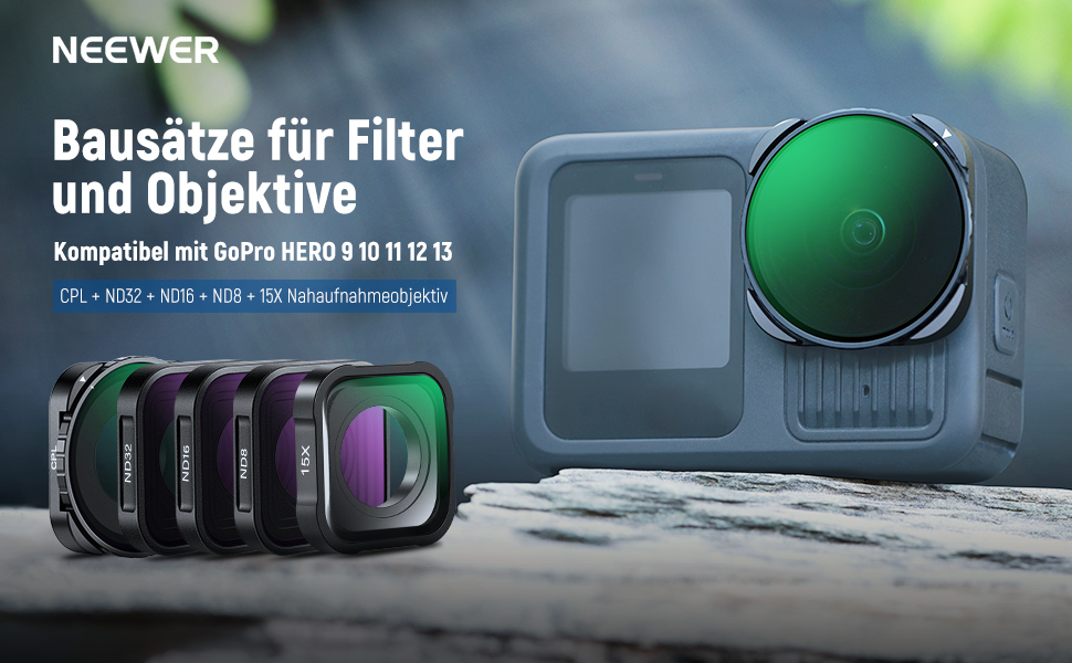 Набір фільтрів ND NEEWER (4 шт.) + лінза збільшення 15x для GoPro Hero 13/12/11/10/9: ND8, ND16, ND32, CPL