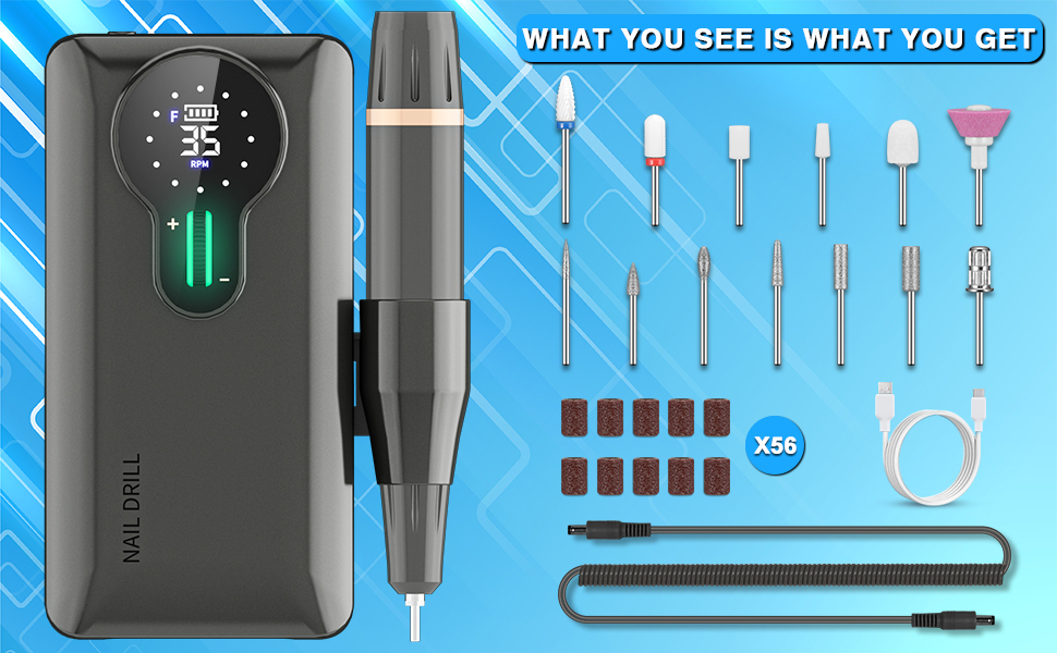 Професійний нігтефрезер ENGERWALL 35000 об/хв з акумулятором 20 годин, електрична машинка для манікюру з 7 насадками, бездротова, для акрилу та гелю, срібляста (Pro).