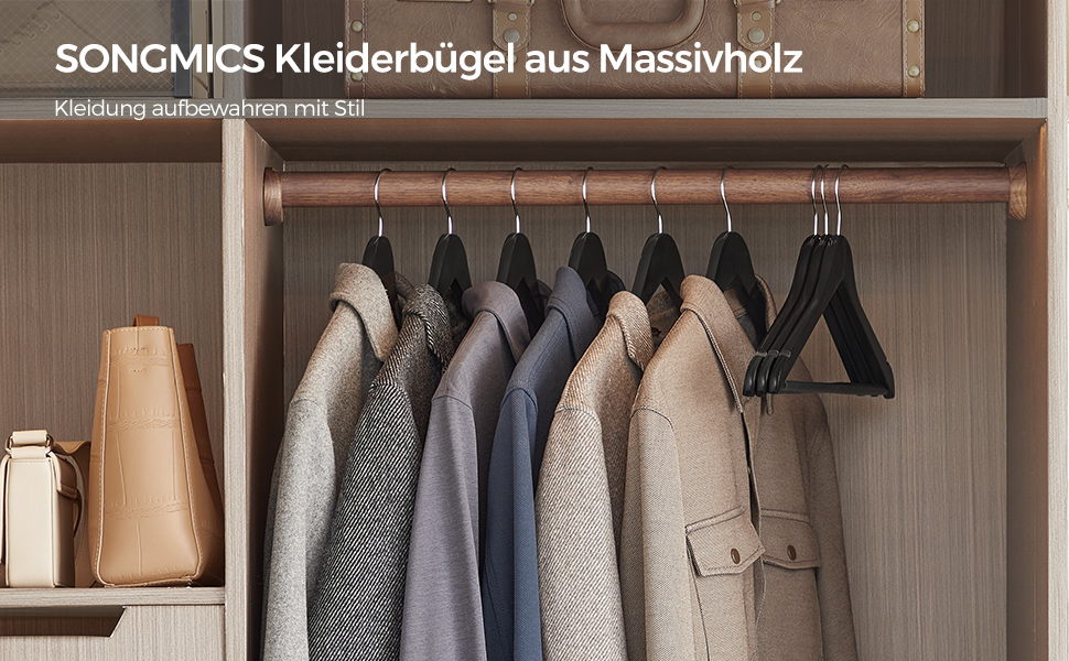 Плечики для одягу SONGMICS, 20 шт., з масиву дерева, з вирізами для плечей, неслизький тримач для штанів, обертовий на 360°, для костюмів, сорочок, натуральний колір + срібло
