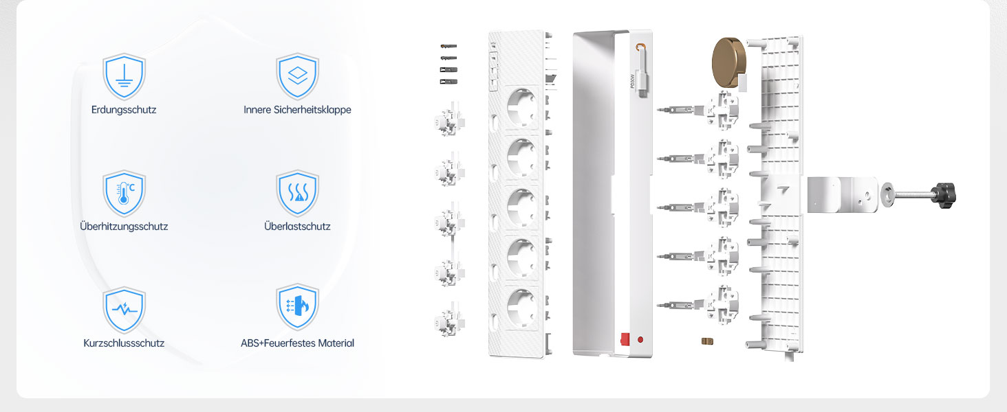 Мережевий адаптер PASSUS 5-fach з 2 USB-C (PD 30W), захист від перенапруги, індивідуальне вмикання, 10-в-1, кабель 2м, чорний