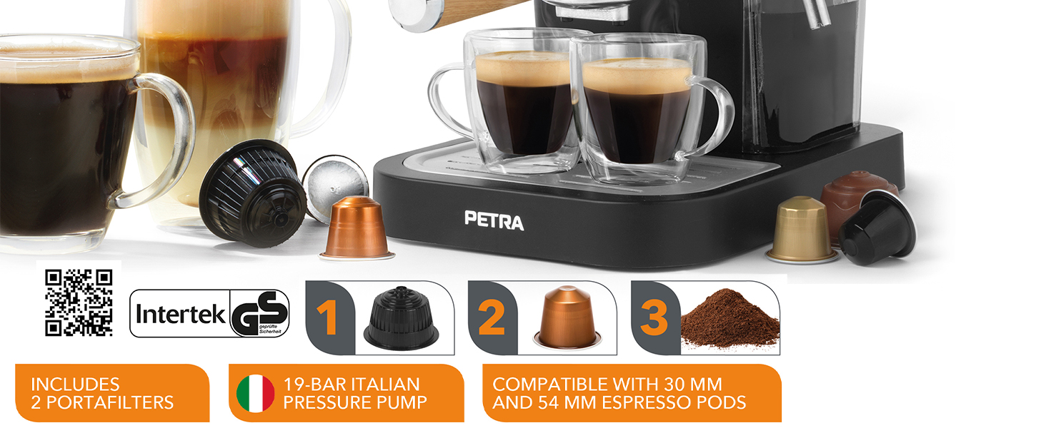 Petra Coffee Machine Barista Pro 1.5L, Semi-Automatic Espresso Machine with Milk Frother, Small Coffee Machine for Espresso & Cappuccino, Coffee Maker 15 Bar, 850W (3-in-1 Barista Coffee Machine)