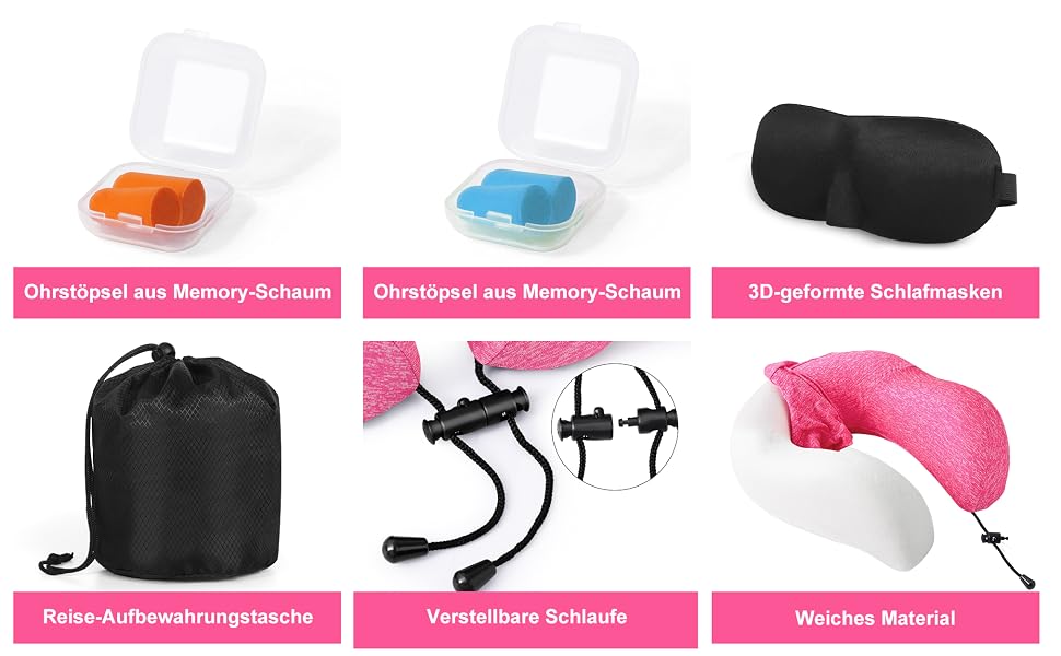 Подушка для подорожей Kobete з ефектом пам'яті (Memory Foam) для шиї, набір для сну в літаку, авто, поїзді: 3D-маска для сну, беруші та сумка (Рожевий)