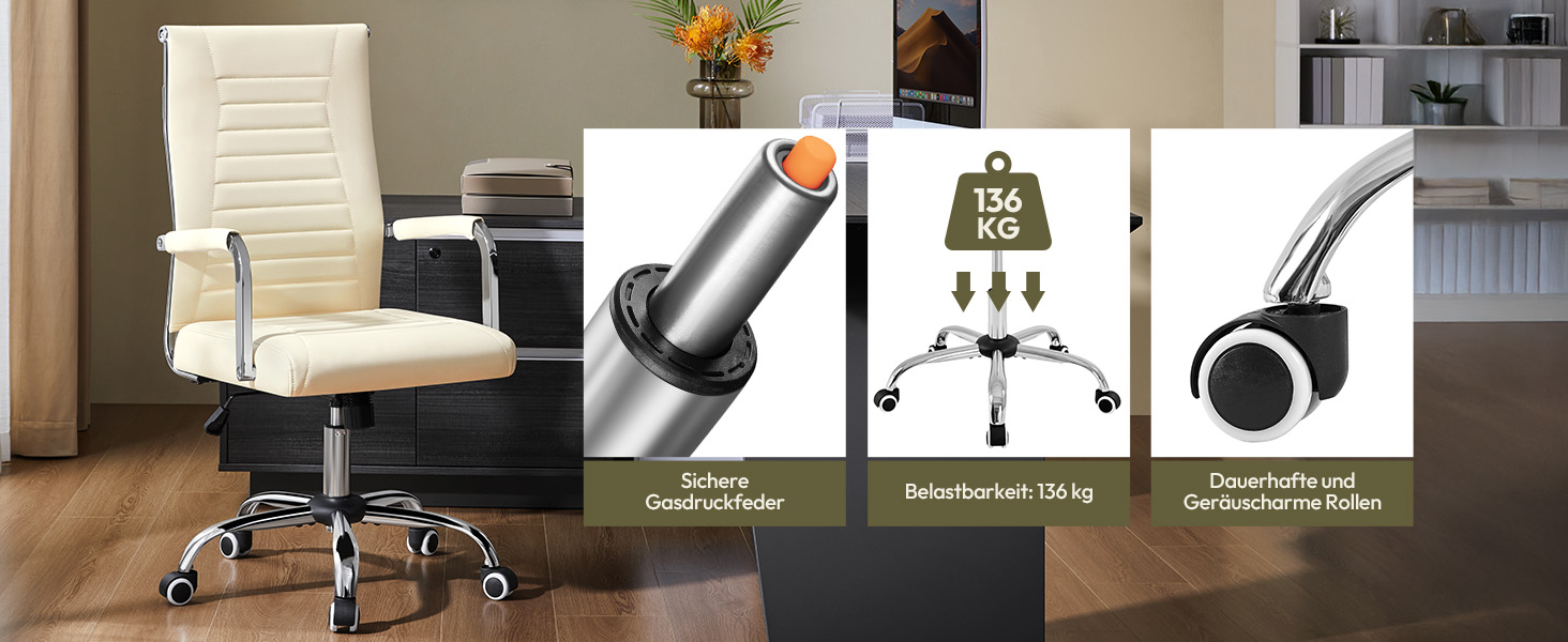 Офісне крісло Yaheetech з підлокітниками, ергономічне, для офісу, комп'ютерне, для начальника, висока спинка, з функцією гойдання, до 136 кг, бежеве