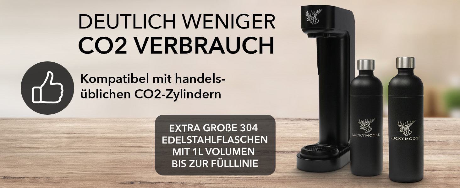 Газова машина Infinity з 2 пляшками по 1,25 л з нержавіючої сталі - економія до 25% CO2 завдяки автоматичній зупинці, пляшки придатні для миття в посудомийній машині та без терміну придатності. Чорний колір.