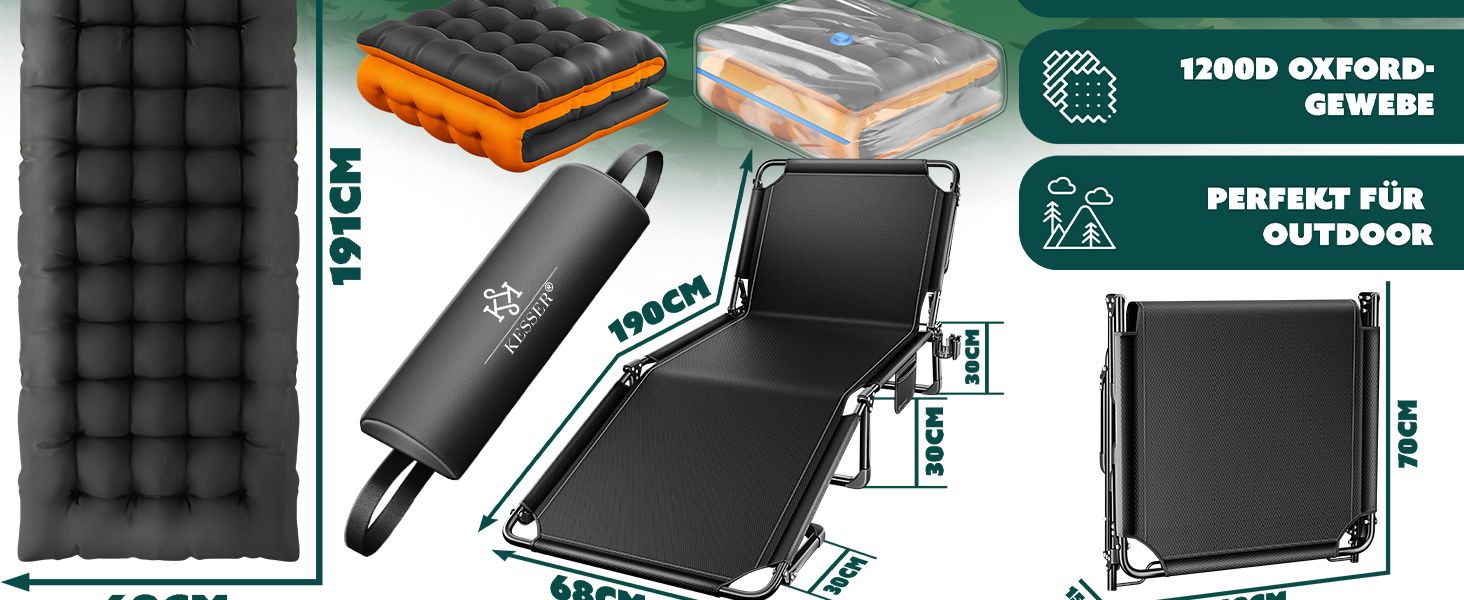 Кемпінгове ліжко KESSER® розкладне, 190x68x30 см, до 250 кг, з Oxford тканини та сталевим каркасом + сумка, подушка, кишеня та тримач для напоїв, для кемпінгу