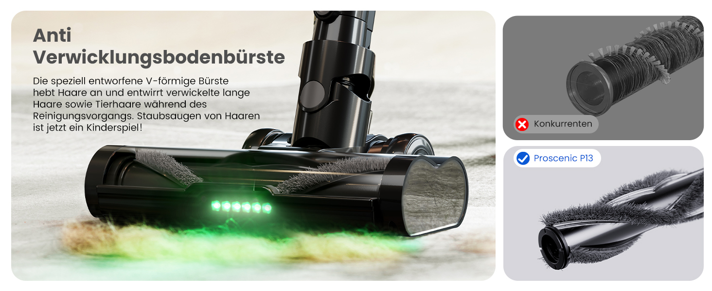 Бездротовий пилосос Proscenic P13: акумуляторний, 45KPa, 550W, 45 хв, з сенсорним екраном, зелене підсвічування, зарядний блок для стіни, анти-намотування, для килимів, твердих поверхонь, автомобіля, шерсті тварин (сірий)