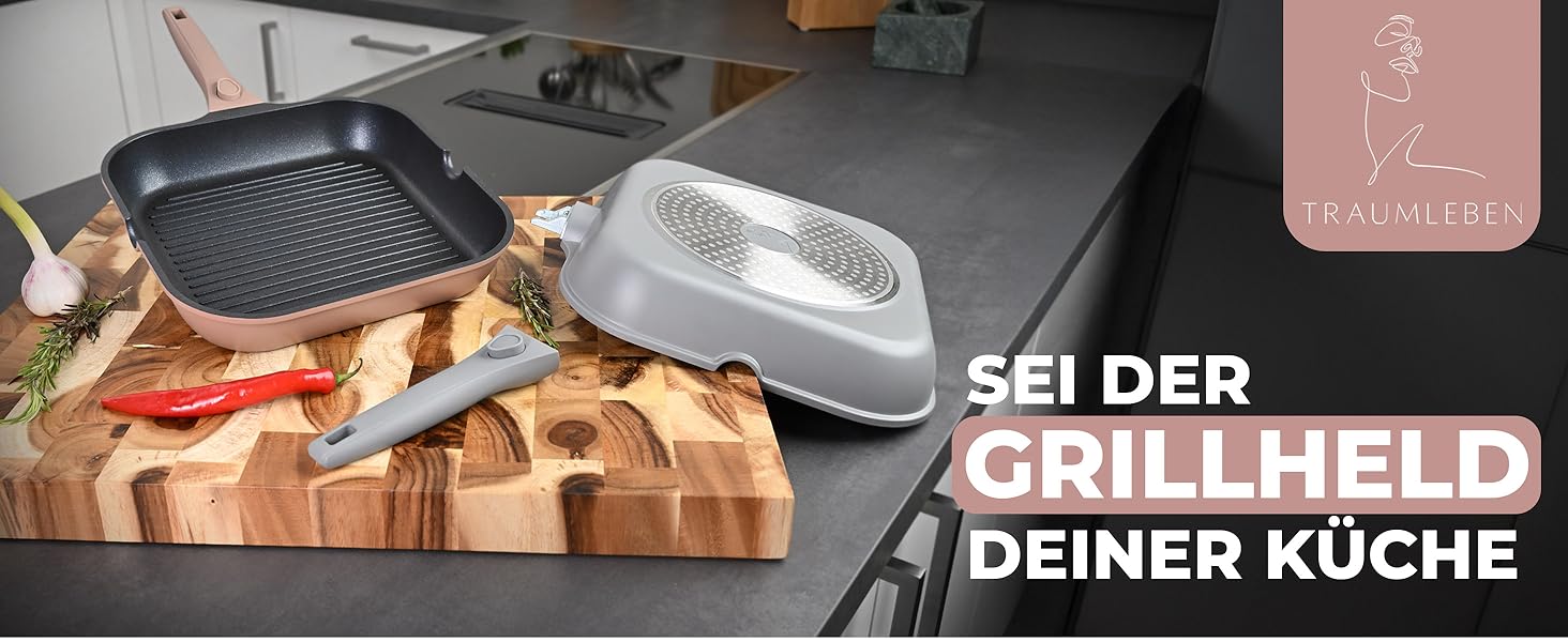 Гриль-сковорода NEU 28 см з виливом та знімною ручкою, антипригарна, без PFOA, для індукції, жаростійка, сіра