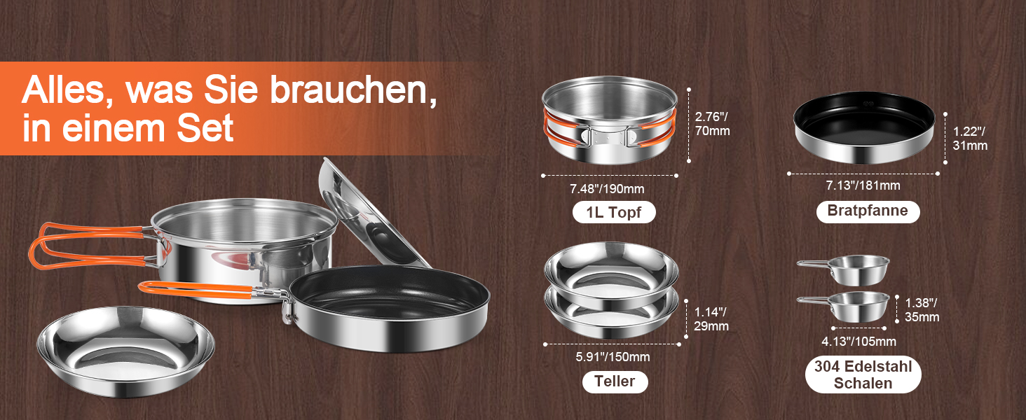 Набір посуду для кемпінгу Odoland: каструля, сковорода, тарілки, миски, столові прибори (15 предметів) з нержавіючої сталі з антипригарним покриттям. Ідеально для кемпінгу, пікніків, трекінгу та подорожей на 2 особи