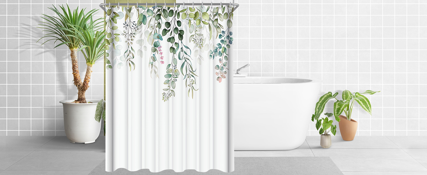 Штора для душу 200x200 см, зелені листя, антигрибкова, текстильна, водовідштовхувальна, пральна, поліестер, з кільцями (12 шт.) для ванної кімнати
