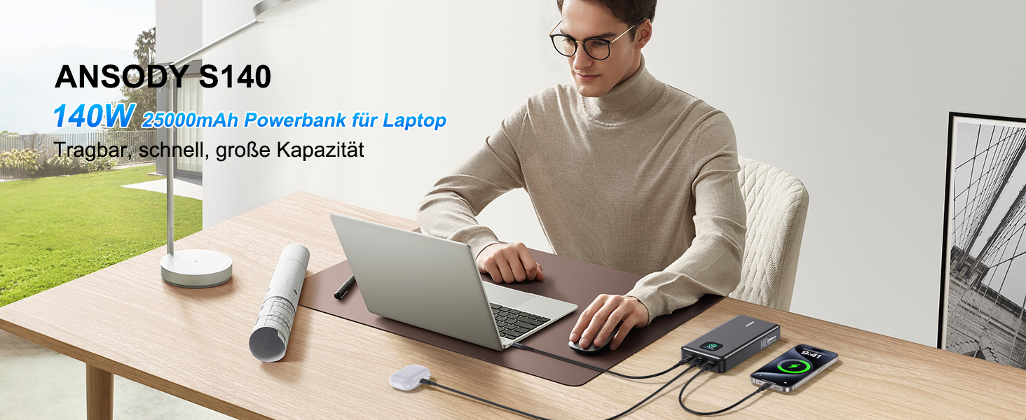 Power Bank 140W, 25000mAh з дисплеєм для ноутбука, MacBook, iPad, iPhone, Switch, Dell XPS (Сірий)