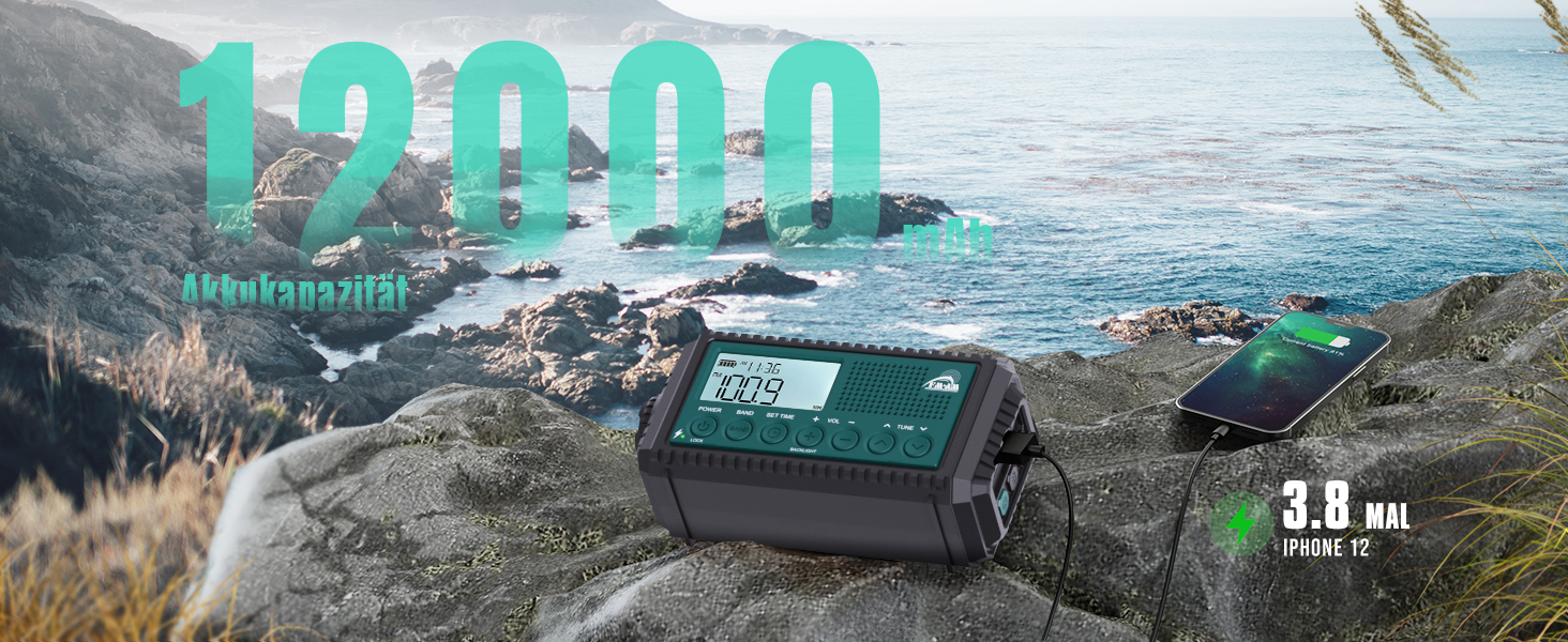 Радіо на сонячній батареї та ручному заводі Kurbelradio 12000 mAh з LED ліхтарем, AM/FM/SW, для надзвичайних ситуацій, чорний