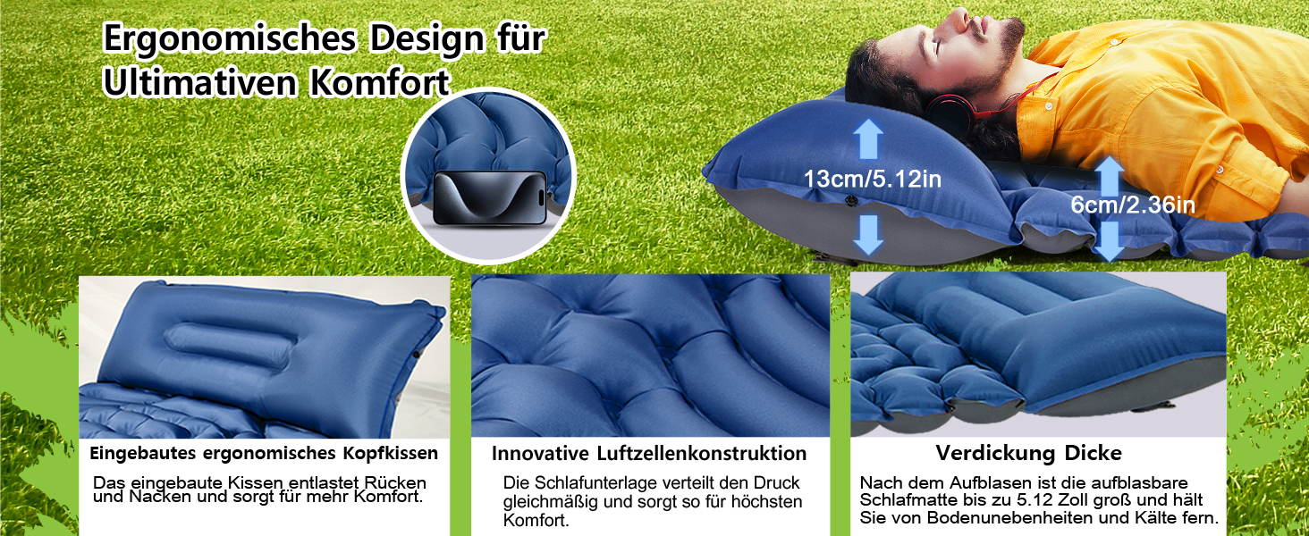 MEIJO Саморозгортальний килимок для кемпінгу, ізомат, туристичний килимок, самонадувна повітряна матрац для відпочинку на природі, похідів, кемпінгу, пляжу, блакитний & сірий