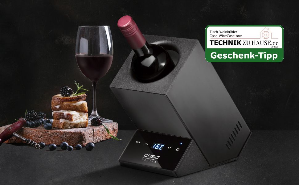 CASO WineCase One Black - Single Bottle Wine Cooler with Temperature Control (5-18°C), Stainless Steel Finish