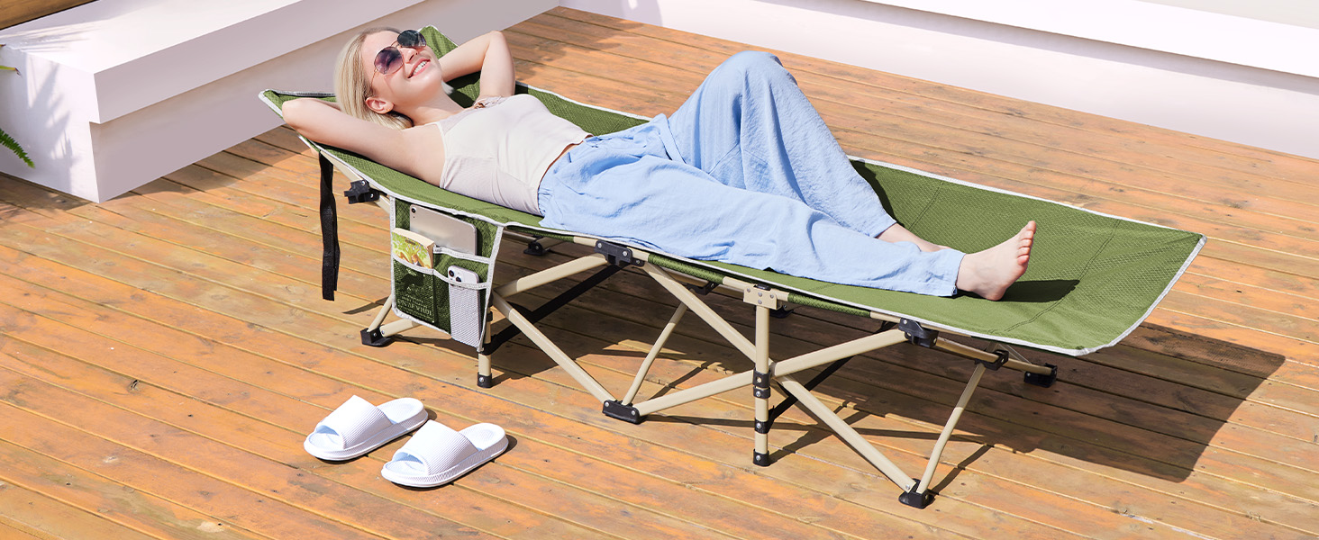 Ліжко-розкладачка Yaheetech для кемпінгу, зелене, до 150 кг, з бічною кишенею та сумкою для транспортування