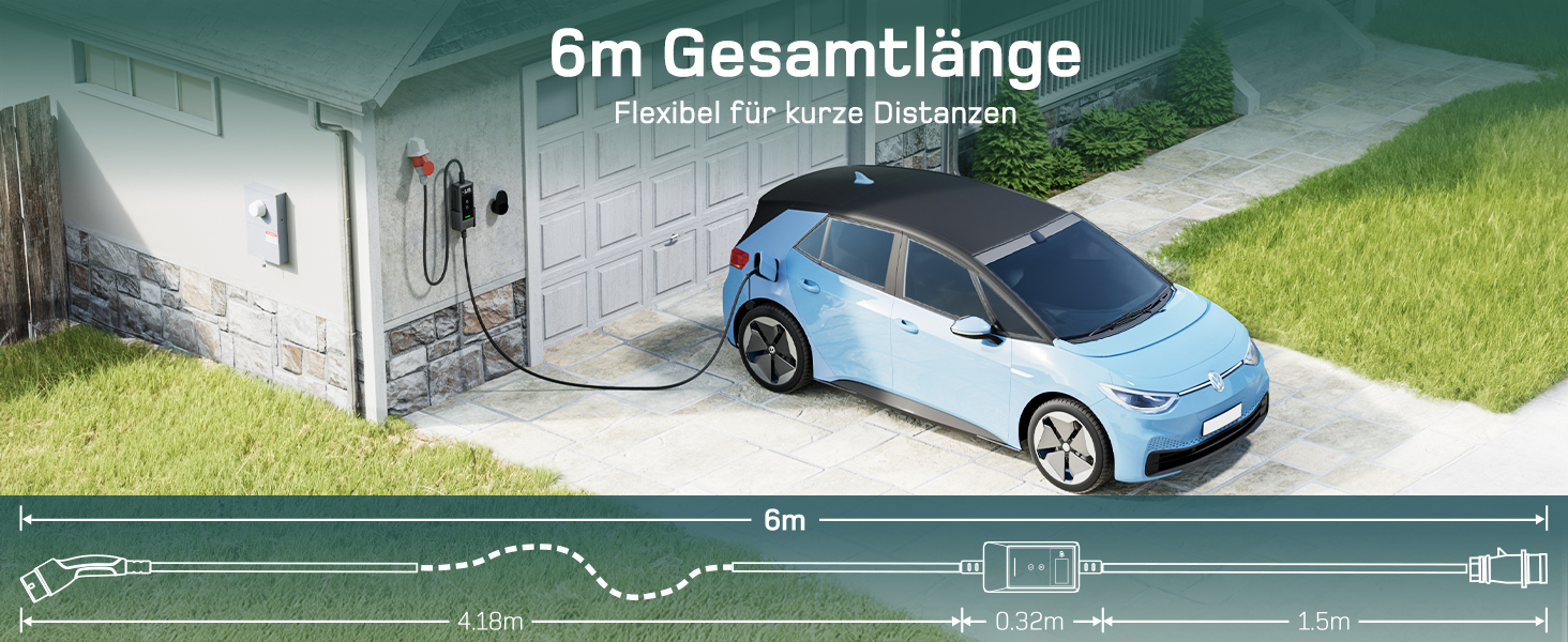 Зарядна станція для електромобілів Dé Mobile 11 кВт (6 м) з регулюванням потужності, кабель CEE 16A на Typ 2, сумісна з Model Y/3, ID.3/4/5, MG4, EX30, e-up, e-tron та BEV/PHEV