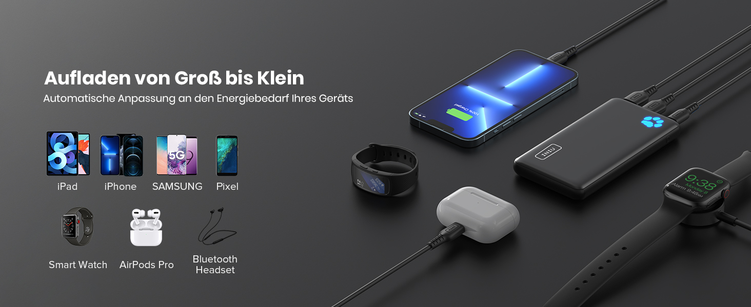 Power Bank INIU 10000mAh, ультратонкий, USB C, 3A, ліхтарик, сумісний з iPhone, Samsung, Huawei, чорний