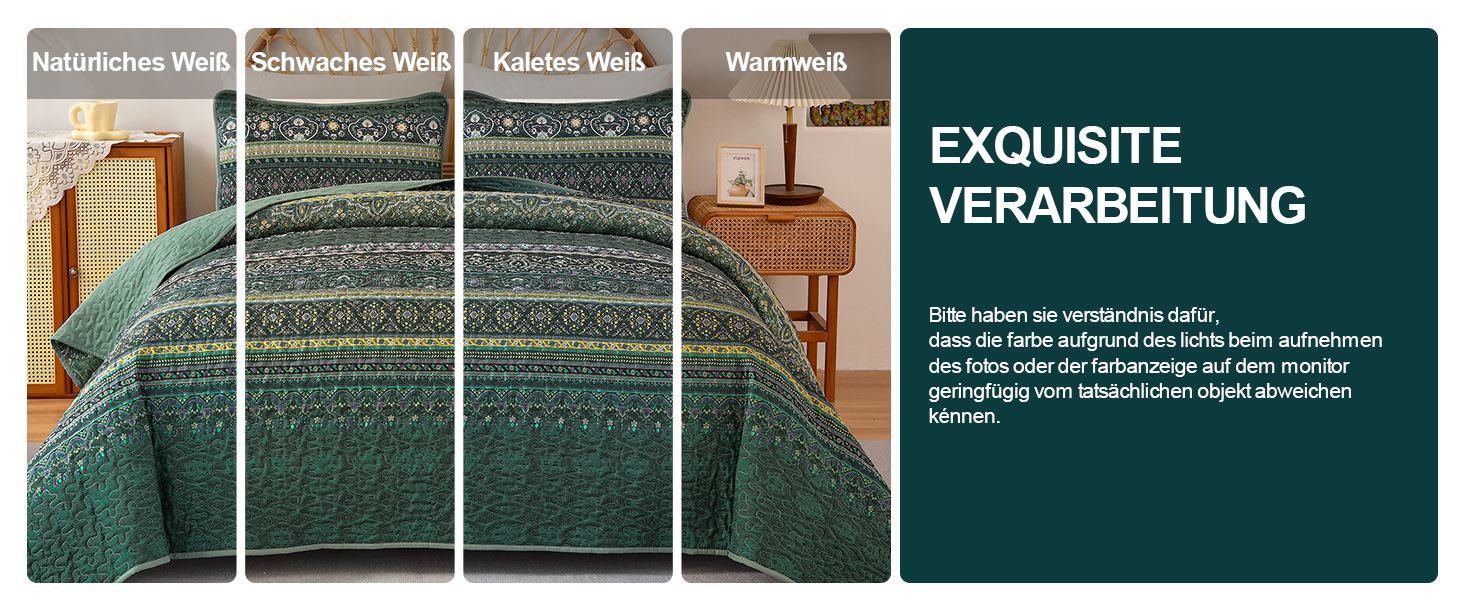 Покривало WONGS BEDDING 220x240 см, стьобане, комплект 3 шт. для двоспального ліжка, мікрофібра, у стилі бохо, темно-зелене, з 2 наволочками 50x70 см, для спальні чи дивану