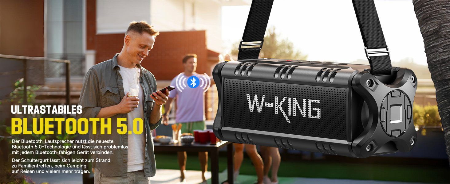 W-KING Портативна Bluetooth Колонка 90W з Глибоким Басом, DSP, 40 годин акумулятора та IPX6 Захистом від Води. Підтримка Powerbank, EQ, AUX та TF-карта. Чорний Колір. Ідеально для кемпінгу, пляжу та саду.