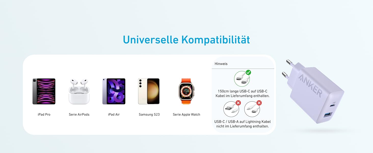 Зарядний пристрій Anker 20W USB-C, адаптер живлення для iPad, швидка зарядка, сумісний з iPhone 17/16/15 (з кабелем USB-C 150см), фіолетовий