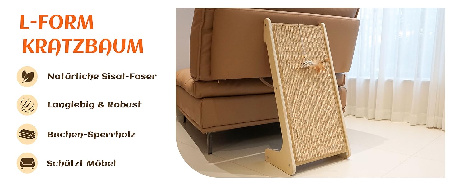 PETKARAY Дряпка для котів, L-подібна дряпка з сизалю, 68 см, 2-в-1, для стіни та кута (з котячою м'ятою, іграшка-мишка), бежевий