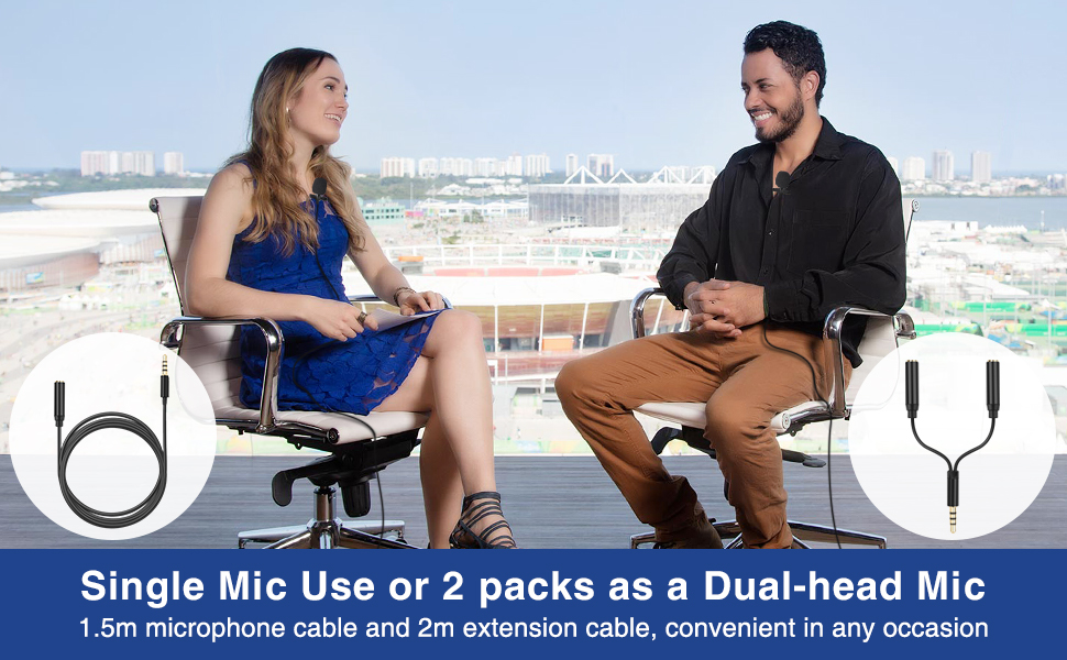 Мікрофон-петличка LEKATO для смартфона та ПК (2 шт.), 3.5 мм, 2 м кабель для запису, трансляцій, інтерв'ю, конференцій, подкастів