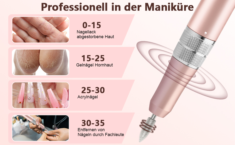 Електричний фрезер для нігтів Rose - манікюр та педикюр, набір з 6 фрез, 35000 об/хв, для гелю та акрилу