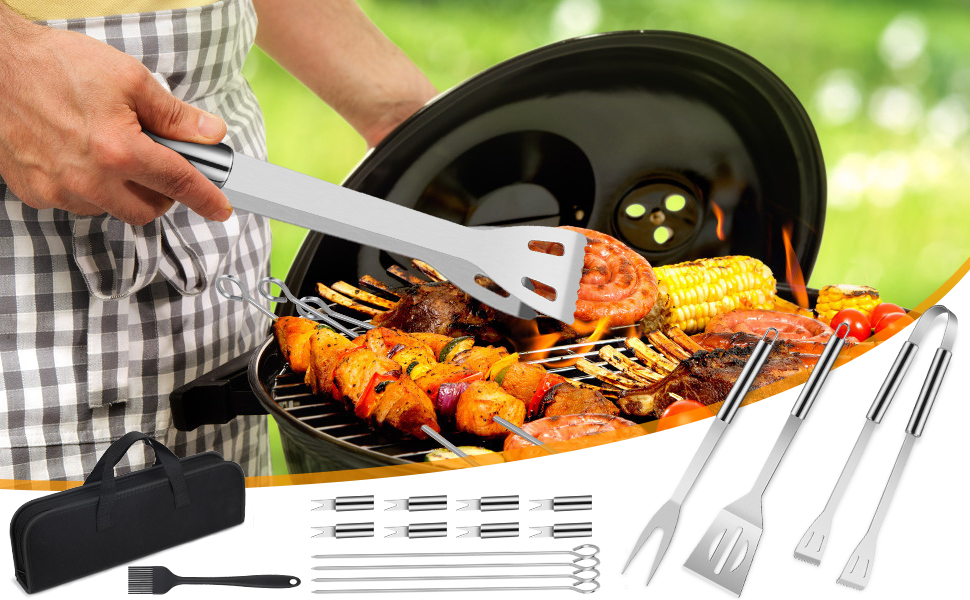 Набір інструментів для гриля BBQ, 16 шт. з нержавіючої сталі. Барбекю-утиліті, кухонні аксесуари для гриля, барбекю, приготування їжі на відкритому повітрі, для сім'ї, саду, вечірки