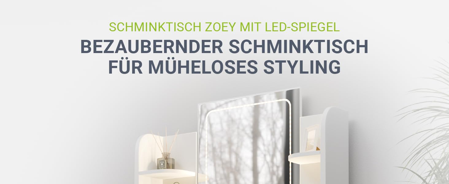 Туалетний столик Juskys Zoey з LED-підсвіткою, дзеркалом, шухлядою, 3 відділеннями та шафкою, 90x38x137 см, білий, дерев'яний косметичний стіл з LED-дзеркалом