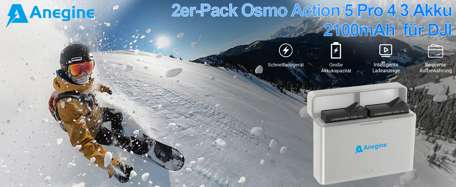 Набір акумуляторів Anegine для DJI Osmo Action 5 Pro 4 3 з зарядним пристроєм USB LED (2 шт.)
