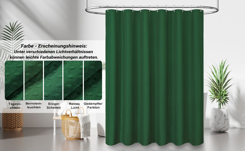 Шторка для душу BTTN, вафельна тканина, 180x200 см, антигрибкова, важка, водонепроникна, з 12 гачками, зелена
