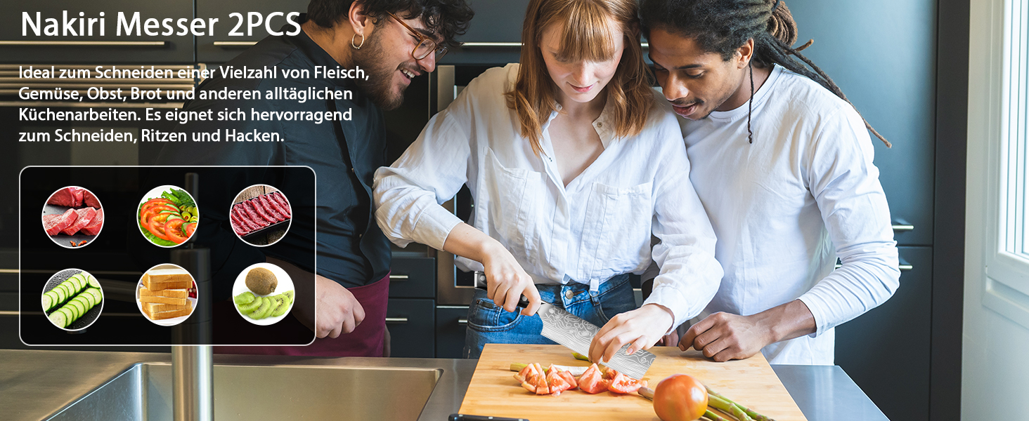 Набір японських ножів MOSFiATA: Накірі 7 та 5,5 дюймів (EN.4116), ніж для приготування їжі, кухонний ніж, ніж для овочів з піхвою, подарункова упаковка та серветка